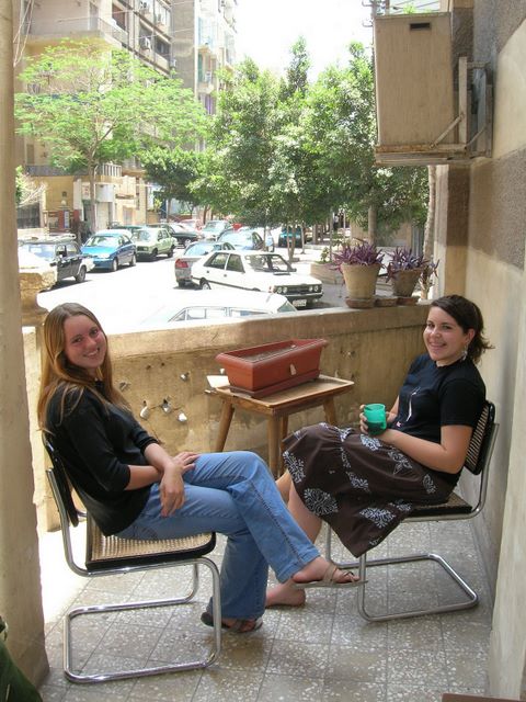Rebecca and Alice enjoying the office balcony